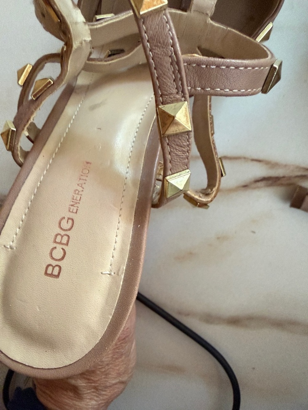 BCBGeneration Nude Patent T-Strap Pointed Stud Pumps - Picture 9 of 14
